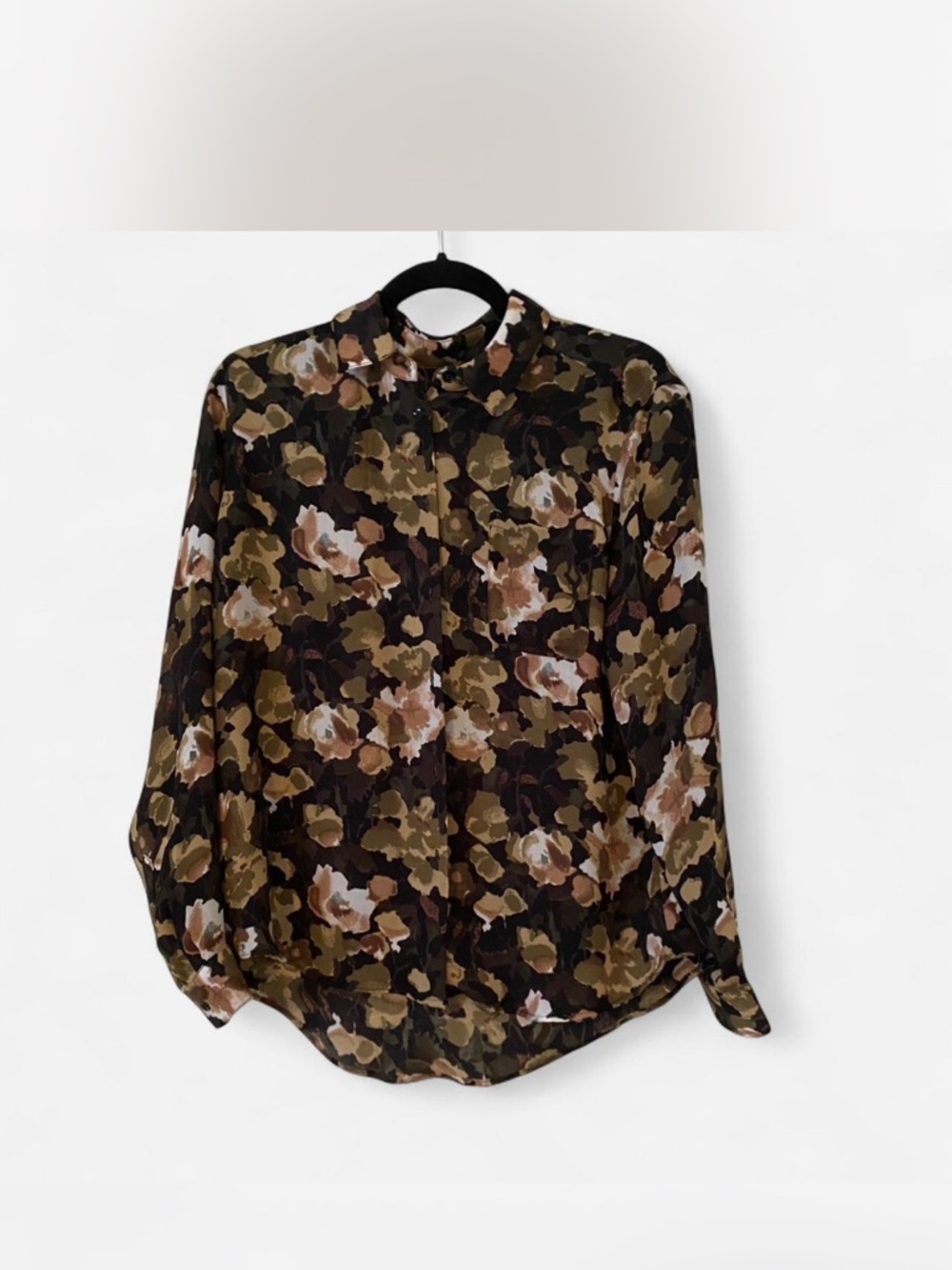 Floral Print Button-Up Blouse in Olive and Brown